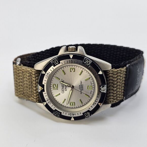 GENEVA Sport Men's Watch 40MM Gray Dial Tan Black Canvas Band Strap New Battery - Picture 1 of 12